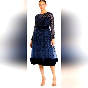 MAC DUGGAL Navy Embellished Illusion High Neck Long Sleeve Fit & Flare Dress 14